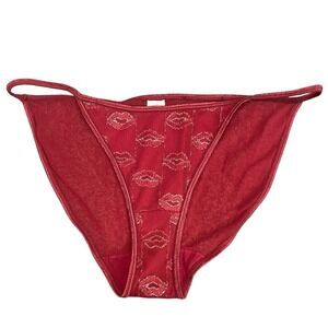 Y2K Vtg KISS LIP GLITTER Med STRING BIKINI PANTIES RED LACE SHEER SEXY VALENTINE